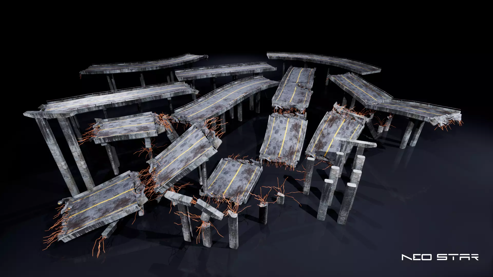 Post Apocalyptic Broken Highways Low-poly 3D model_0