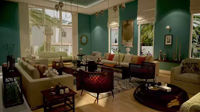 3D Living Room Salon with Dining room 