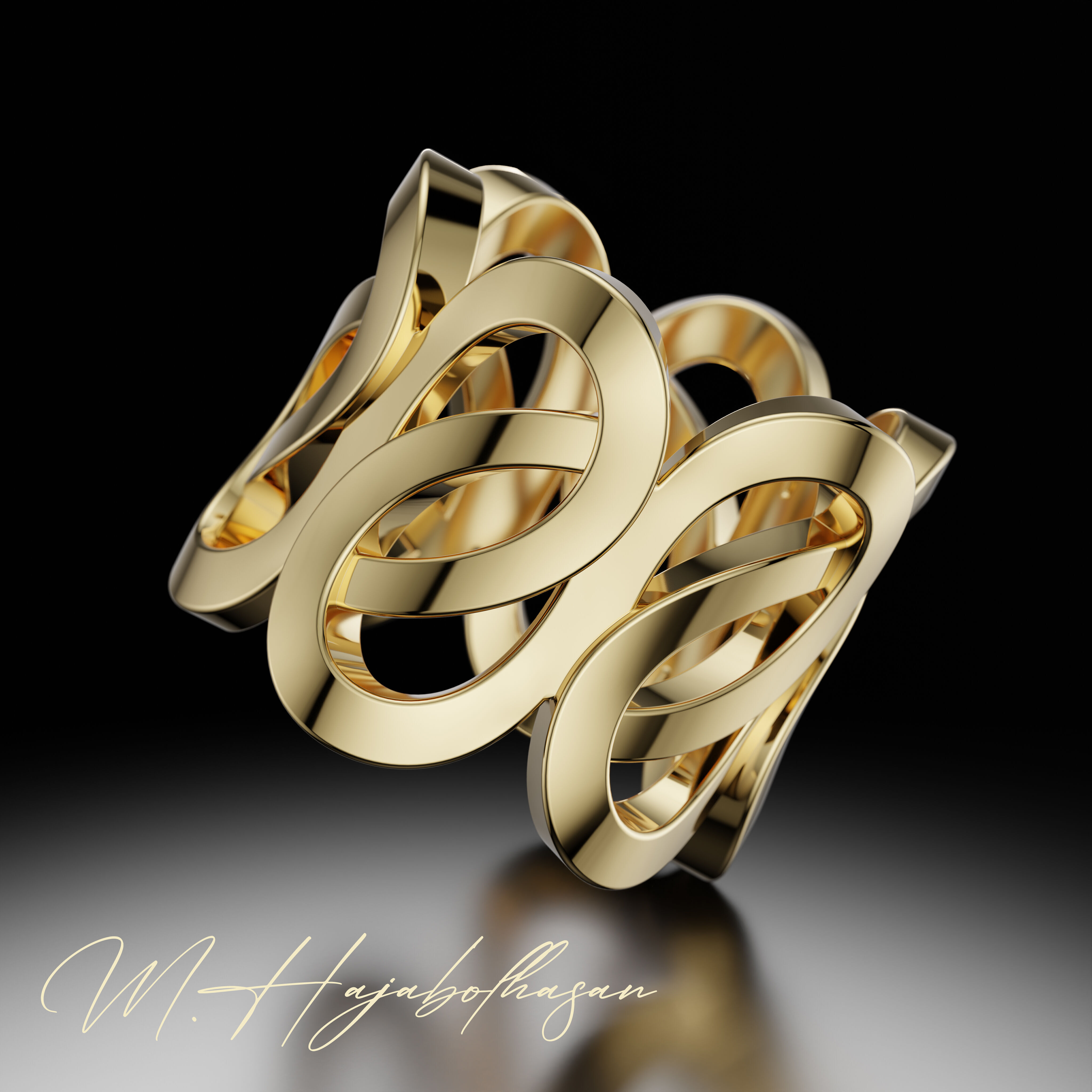Gold Diamond Swirl Statement Ring - High-Detail 3D Model 3D print model_4