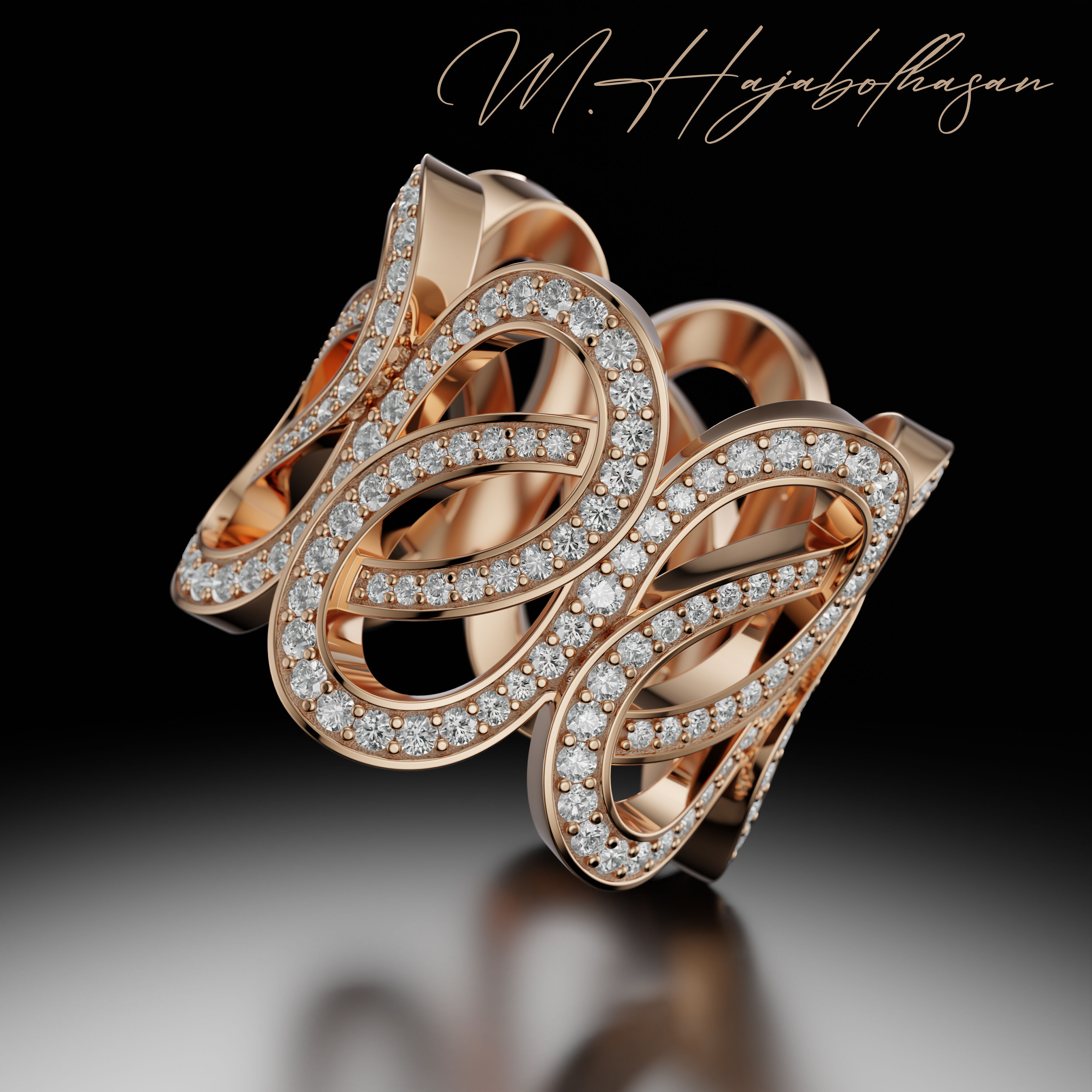 Gold Diamond Swirl Statement Ring - High-Detail 3D Model 3D print model_3
