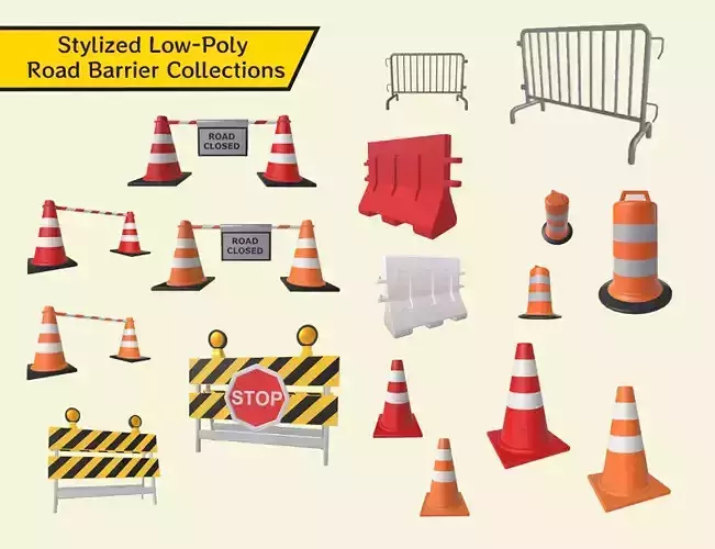 Stylized Low-Poly Road Barrier Collection