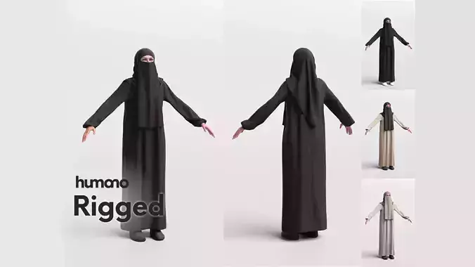 Arab woman rigged -  different abaya colors - 052-6525 Low-poly 3D model