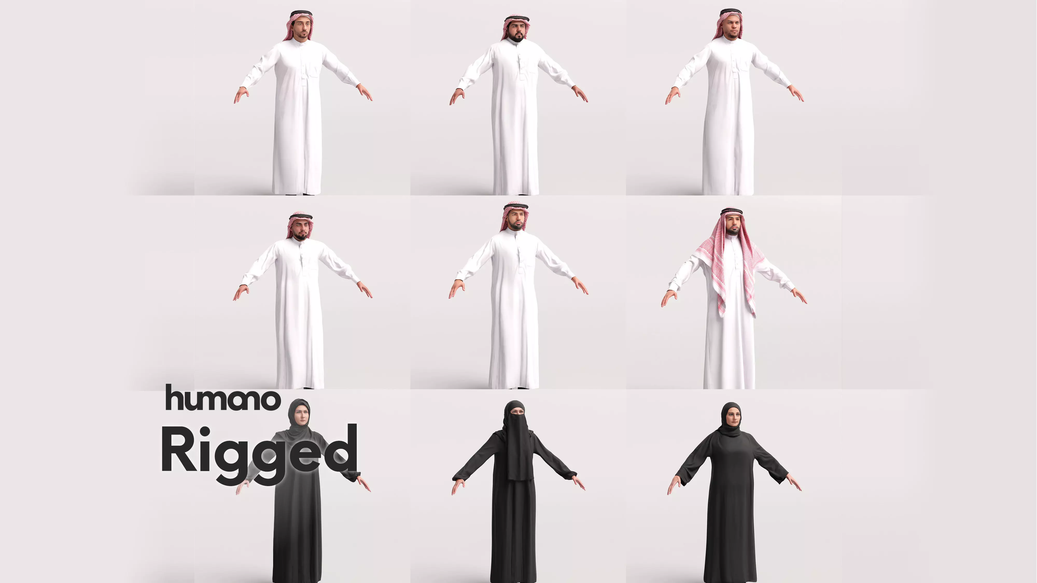 9 Arab rigged models -  different thobe and abaya colors 3D Model Collection_0