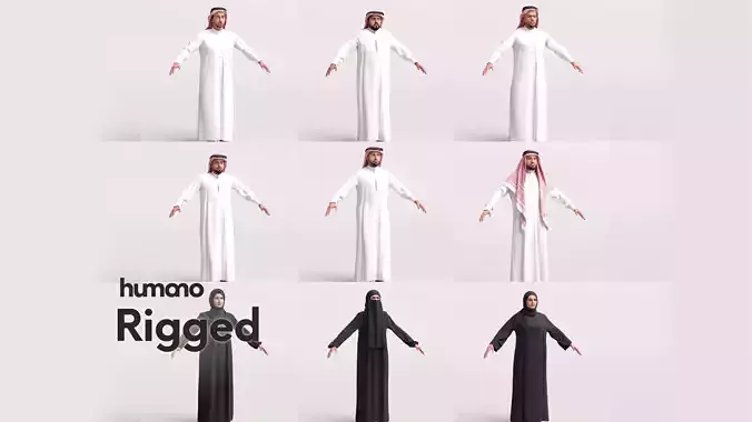 9 Arab rigged models -  different thobe and abaya colors 3D Model Collection
