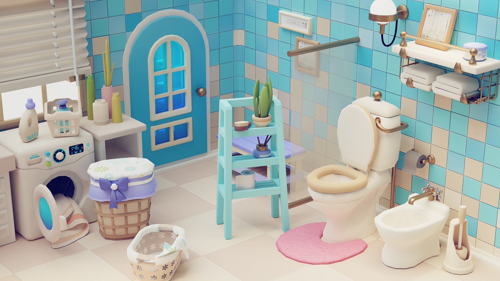 Cozy Cartoon  Bathroom Interior Low-poly 3D model Low-poly 3D model_2