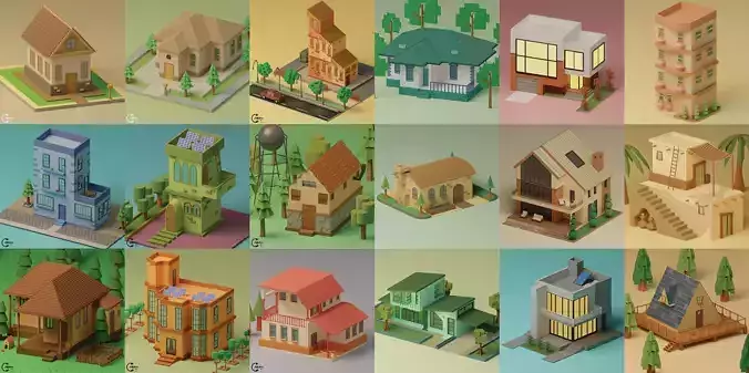 Lowpoly Houses Collection 18 lowpoly Houses