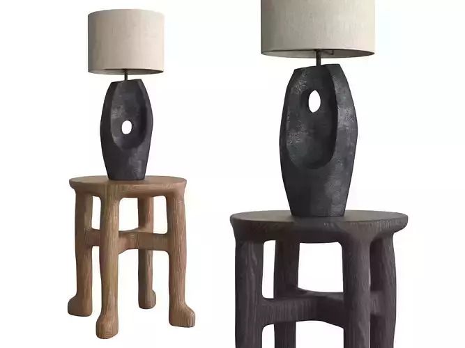 Handcrafted Wooden Side Table with Artistic Lamp