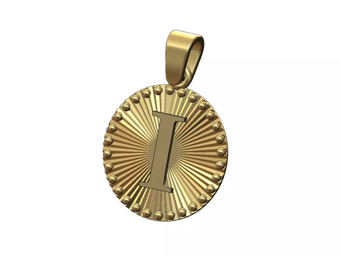 I letter initial faceted sunrays beaded coin pendant charm 3D print model_0