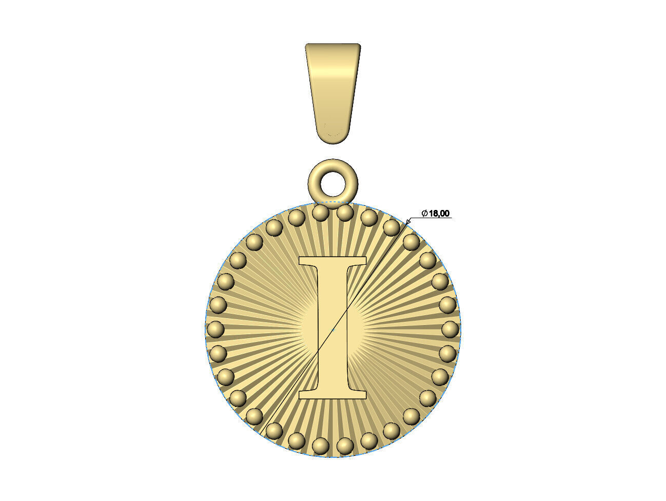 I letter initial faceted sunrays beaded coin pendant charm 3D print model_6
