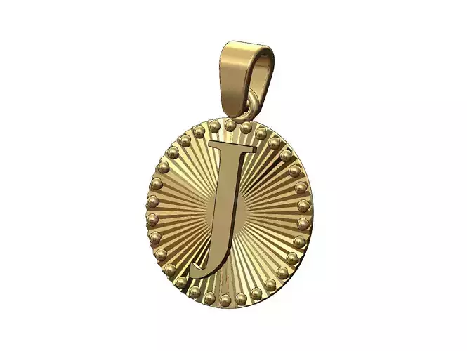 J letter initial faceted sunrays beaded coin pendant charm