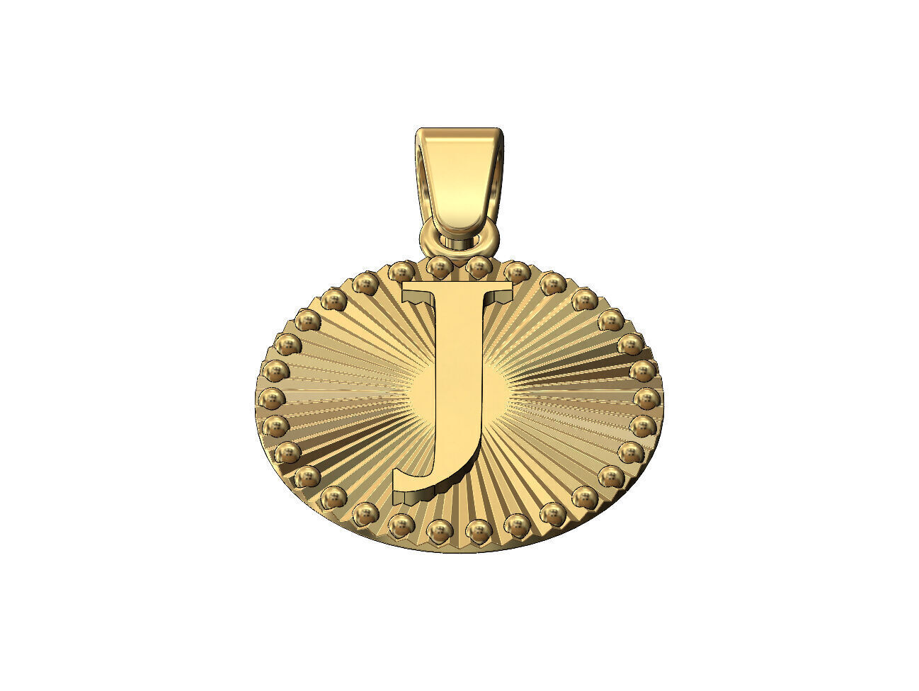 J letter initial faceted sunrays beaded coin pendant charm 3D print model_2