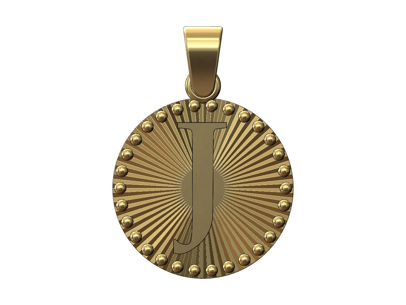 J letter initial faceted sunrays beaded coin pendant charm 3D print model_1