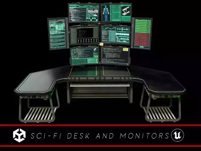 Sci-Fi Desk And Monitors - Hacker Scene Low-poly 3D model Sci-Fi Desk And Monitors - Hacker Scene Low-poly 3D model