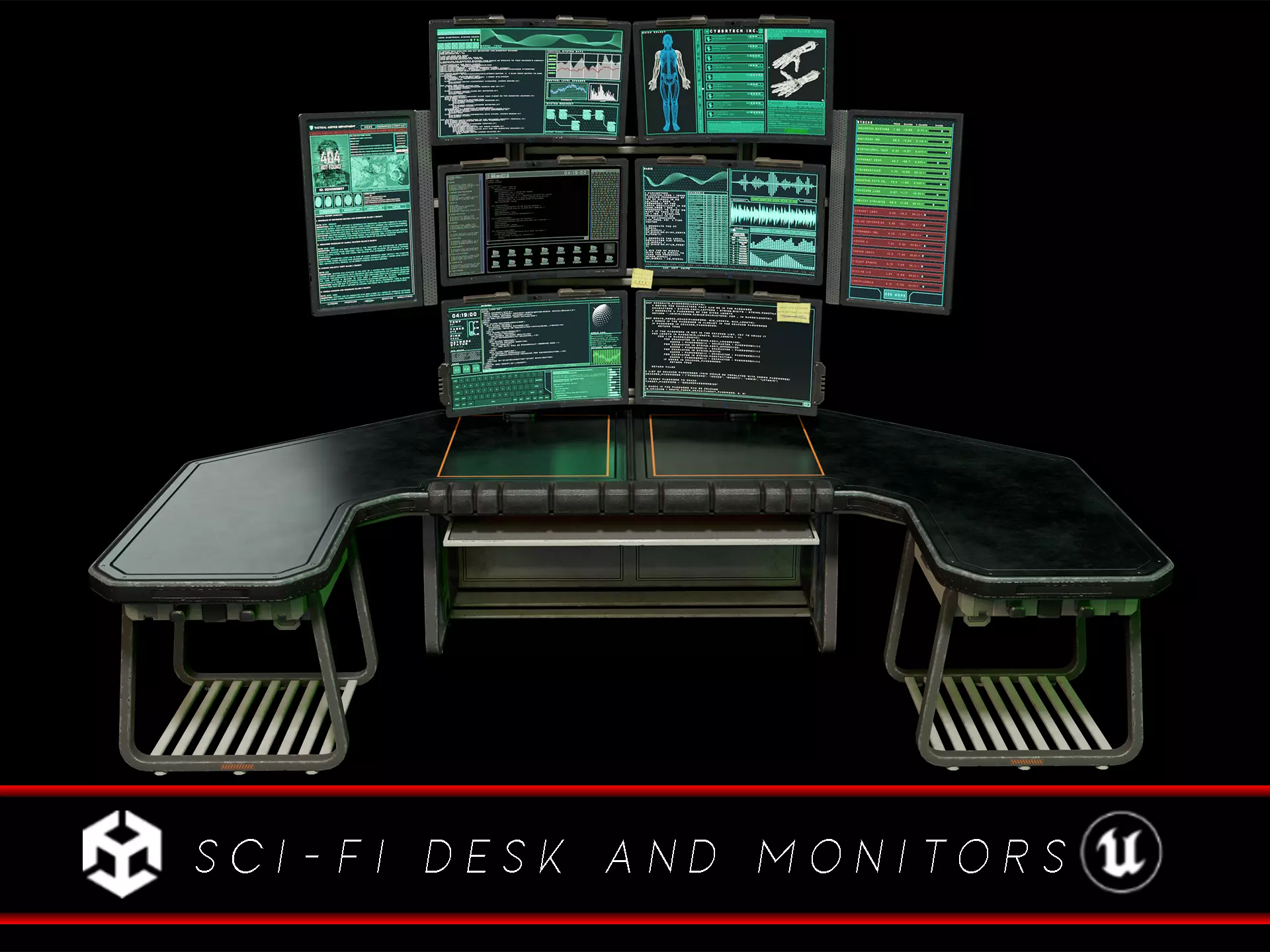 Sci-Fi Desk And Monitors - Hacker Scene Low-poly 3D model_0