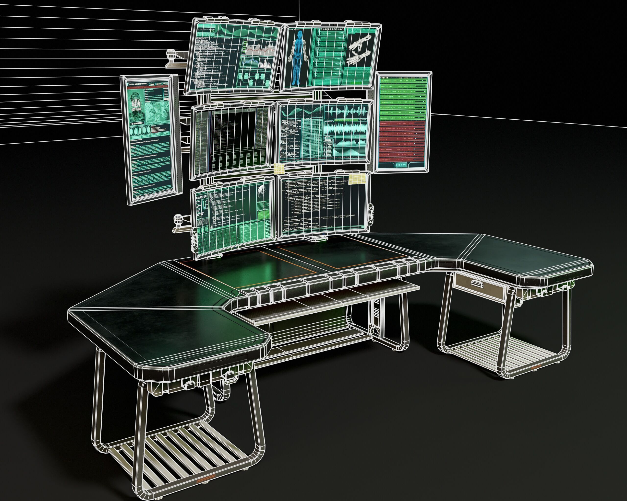 Sci-Fi Desk And Monitors - Hacker Scene Low-poly 3D model_7