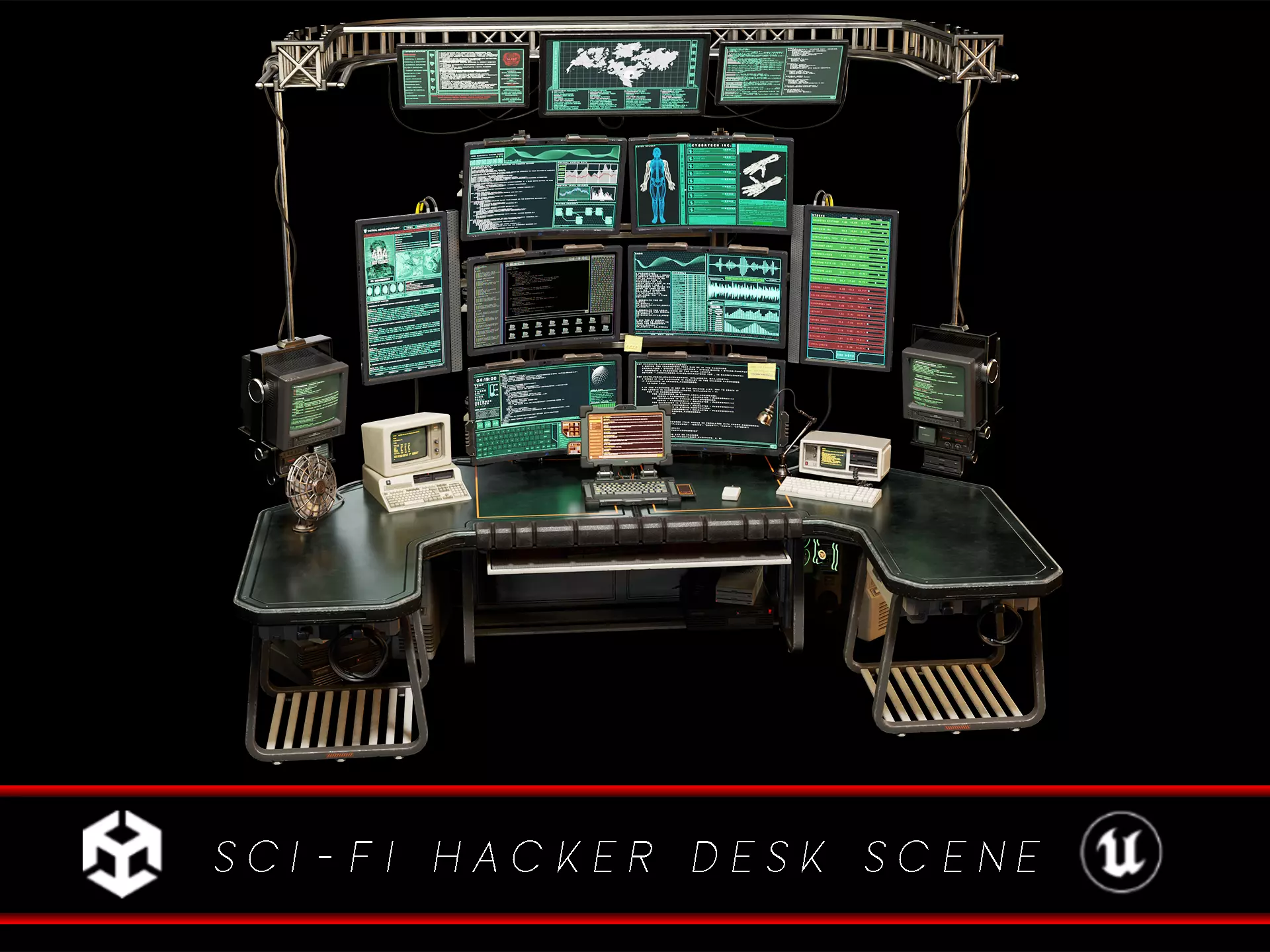 Sci-Fi Hacker Desk Setup Scene  Low-poly 3D model_0