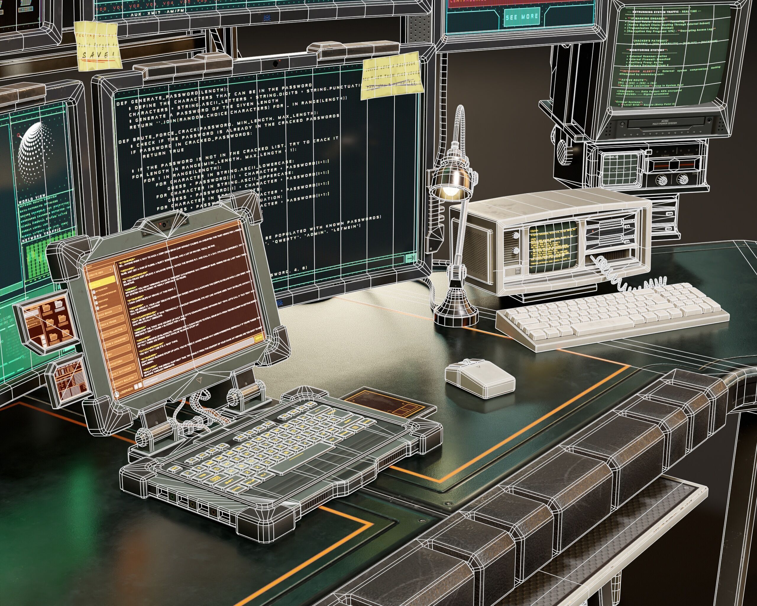 Sci-Fi Hacker Desk Setup Scene  Low-poly 3D model_9