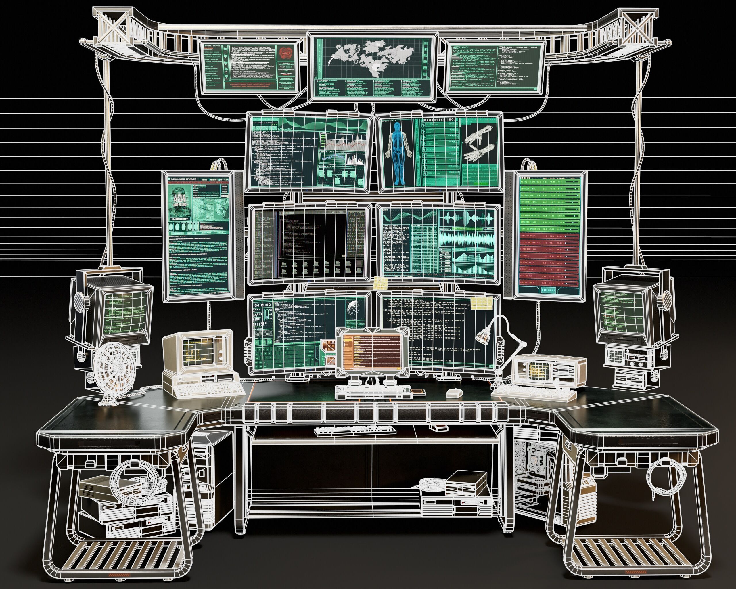 Sci-Fi Hacker Desk Setup Scene  Low-poly 3D model_3