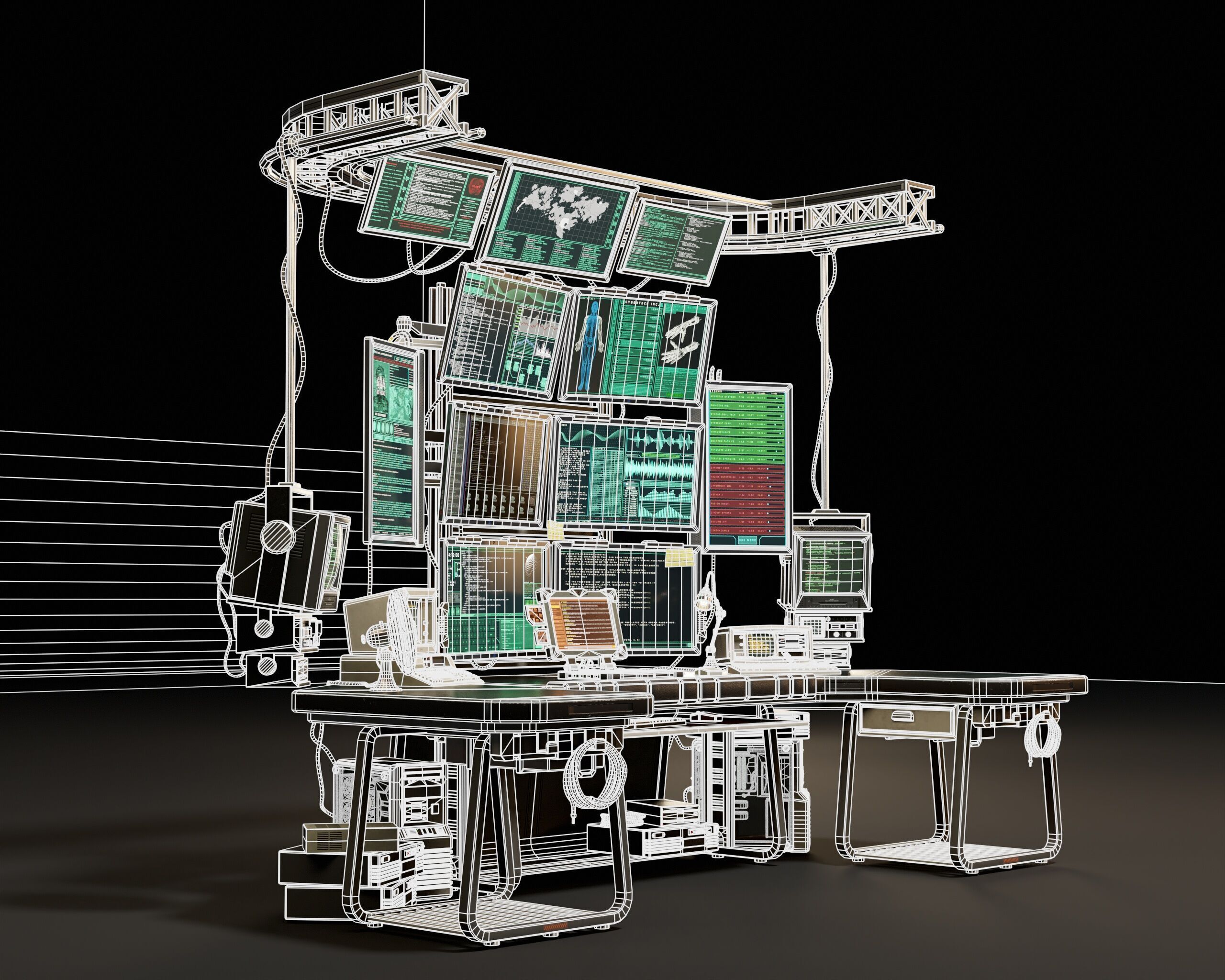 Sci-Fi Hacker Desk Setup Scene  Low-poly 3D model_7