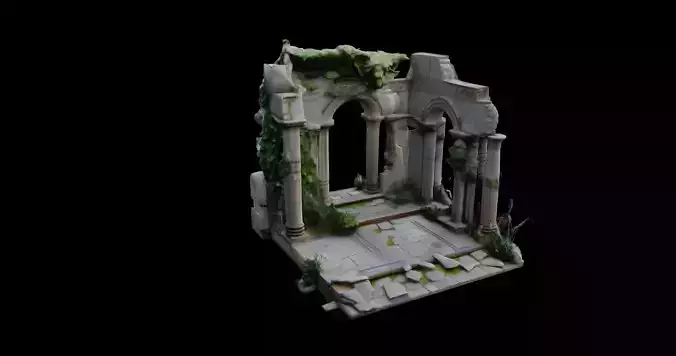 Ancient Courtyard Ruins with Overgrown Foliage