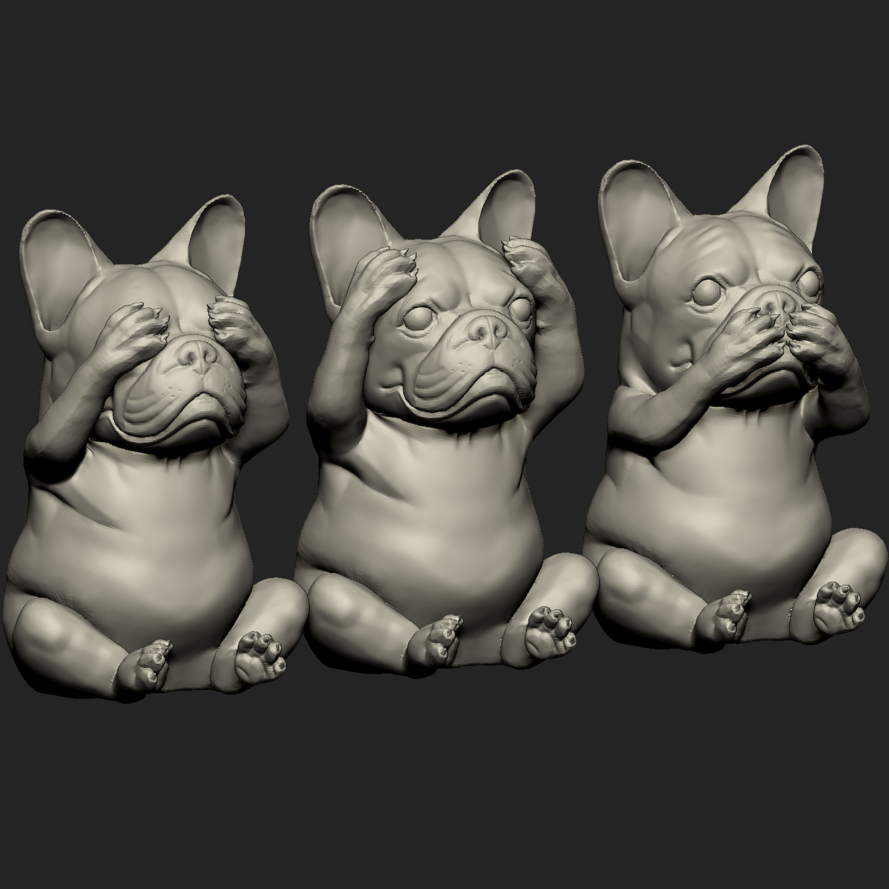 DOG Bulldog See No Evil Hear No Evil Speak No Evil 3D model_1