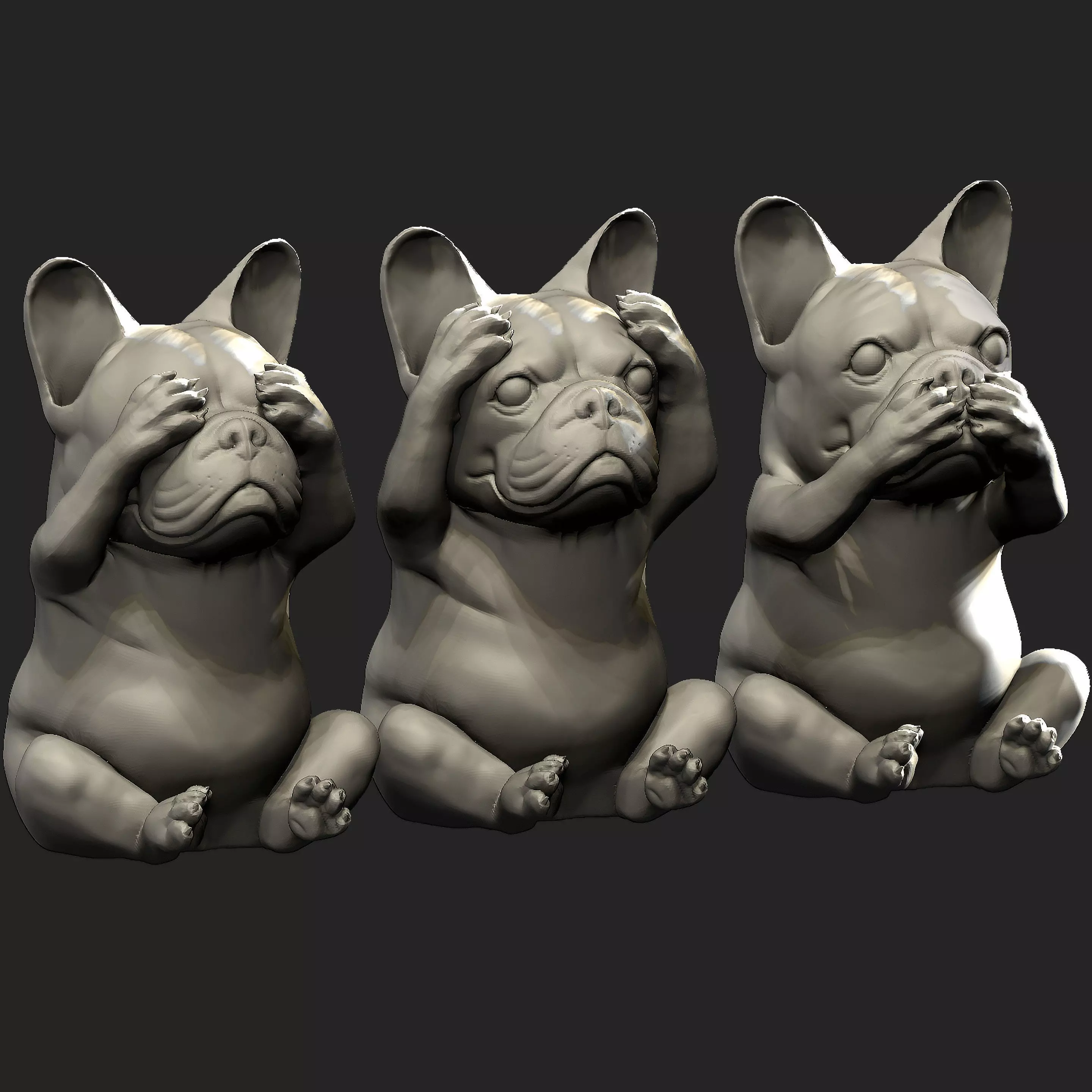 DOG Bulldog See No Evil Hear No Evil Speak No Evil 3D model_0
