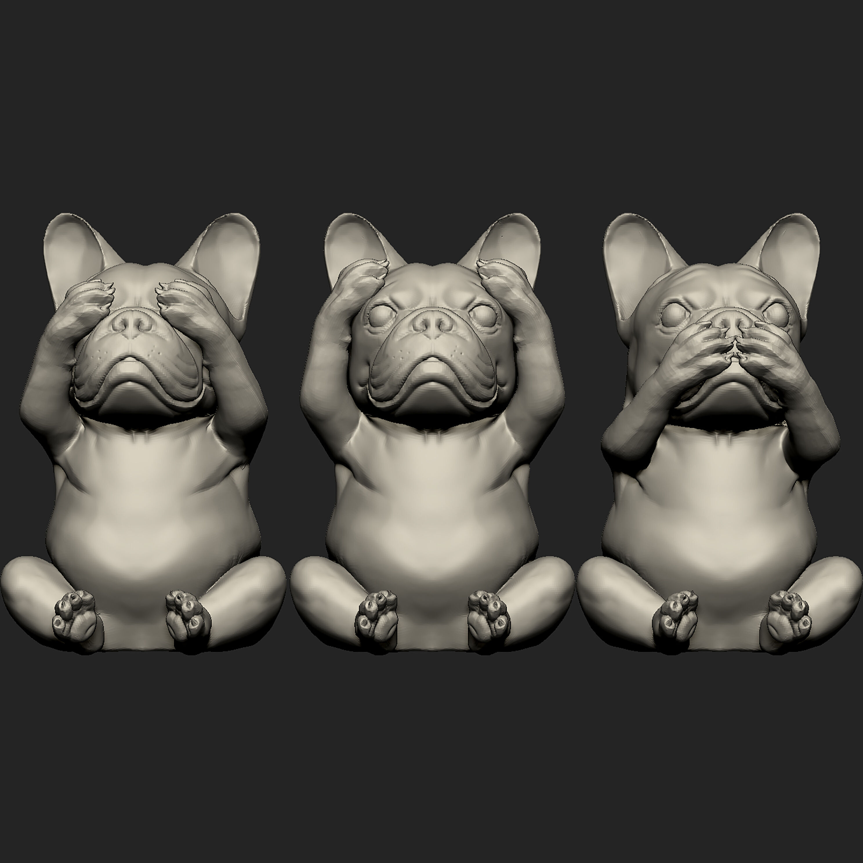 DOG Bulldog See No Evil Hear No Evil Speak No Evil 3D model_2