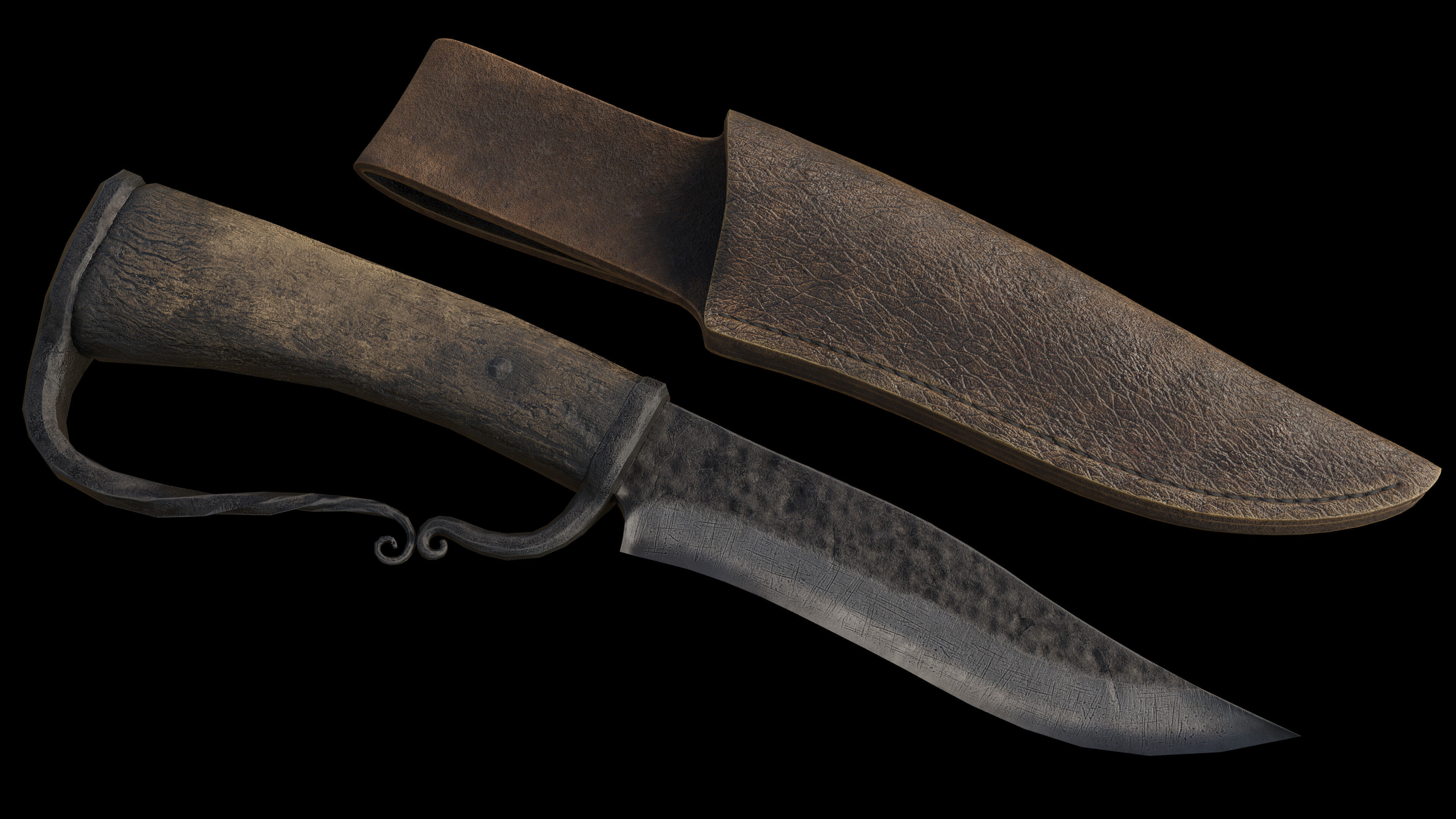 Hunting Knife and Sheath Low-poly 3D model_5