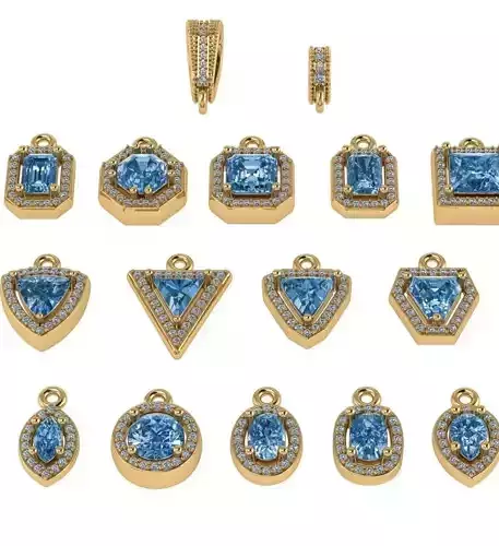 set of 17 pendants with different gemstones 3d models