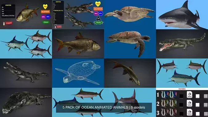 5 PACK OF OCEAN ANIMATED ANIMALS 3D Model Collection