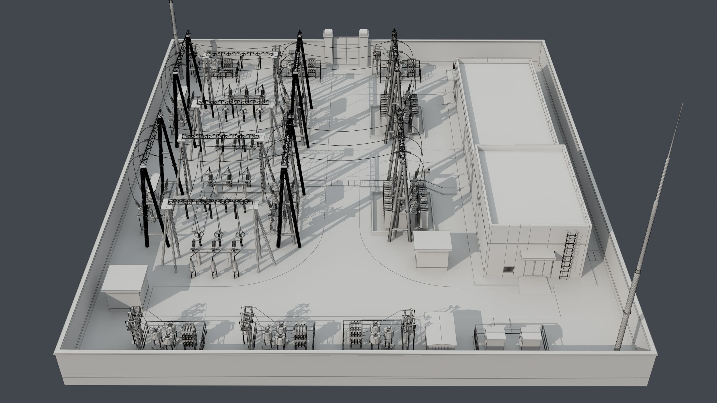 substation power station with wires and poles 3D model_7