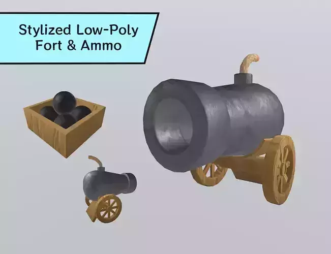 Stylized Low-Poly Medieval Fort Cannon Low-poly 3D model