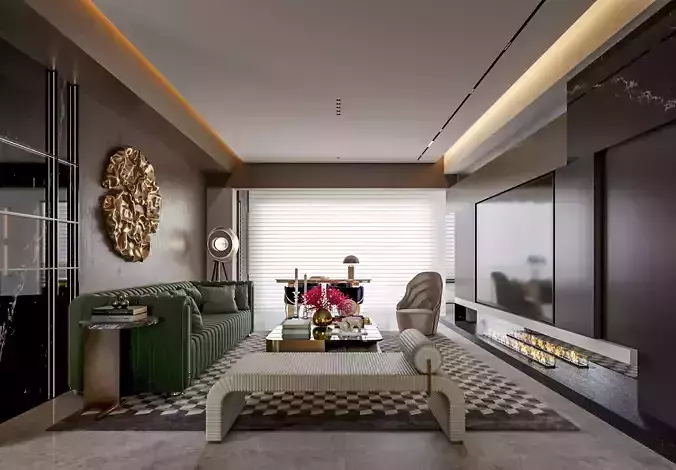 Luxury living room and dining room scene