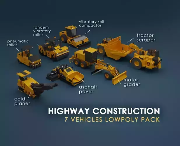 Highway Construction Vehicles - Low-poly Pack 3D Model Collection