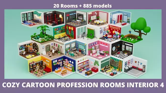 Cozy Cartoon Profession Rooms Interior 4 Low-poly 3D model