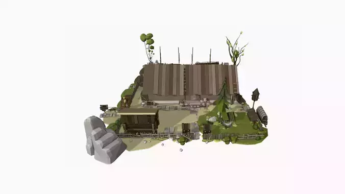 Medieval Peasants Home Scene with Interior Low Poly Low-poly 3D model