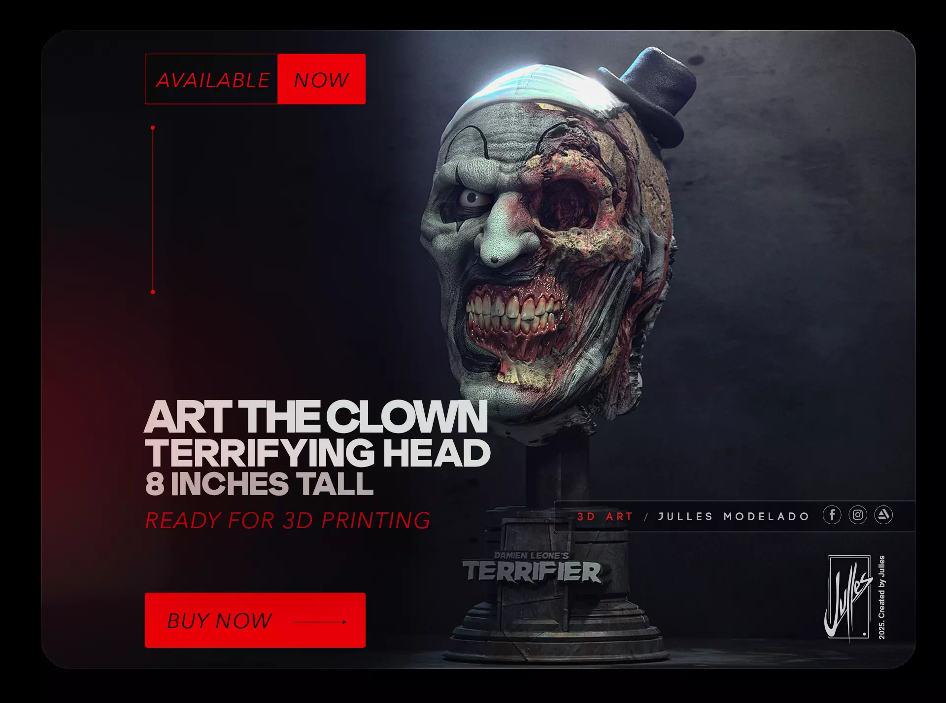 Art the Clown Smashed Head 8 inches tall 3D print model_0