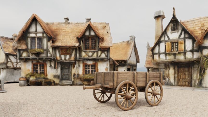 Medieval wooden cart Low-poly 3D model_10