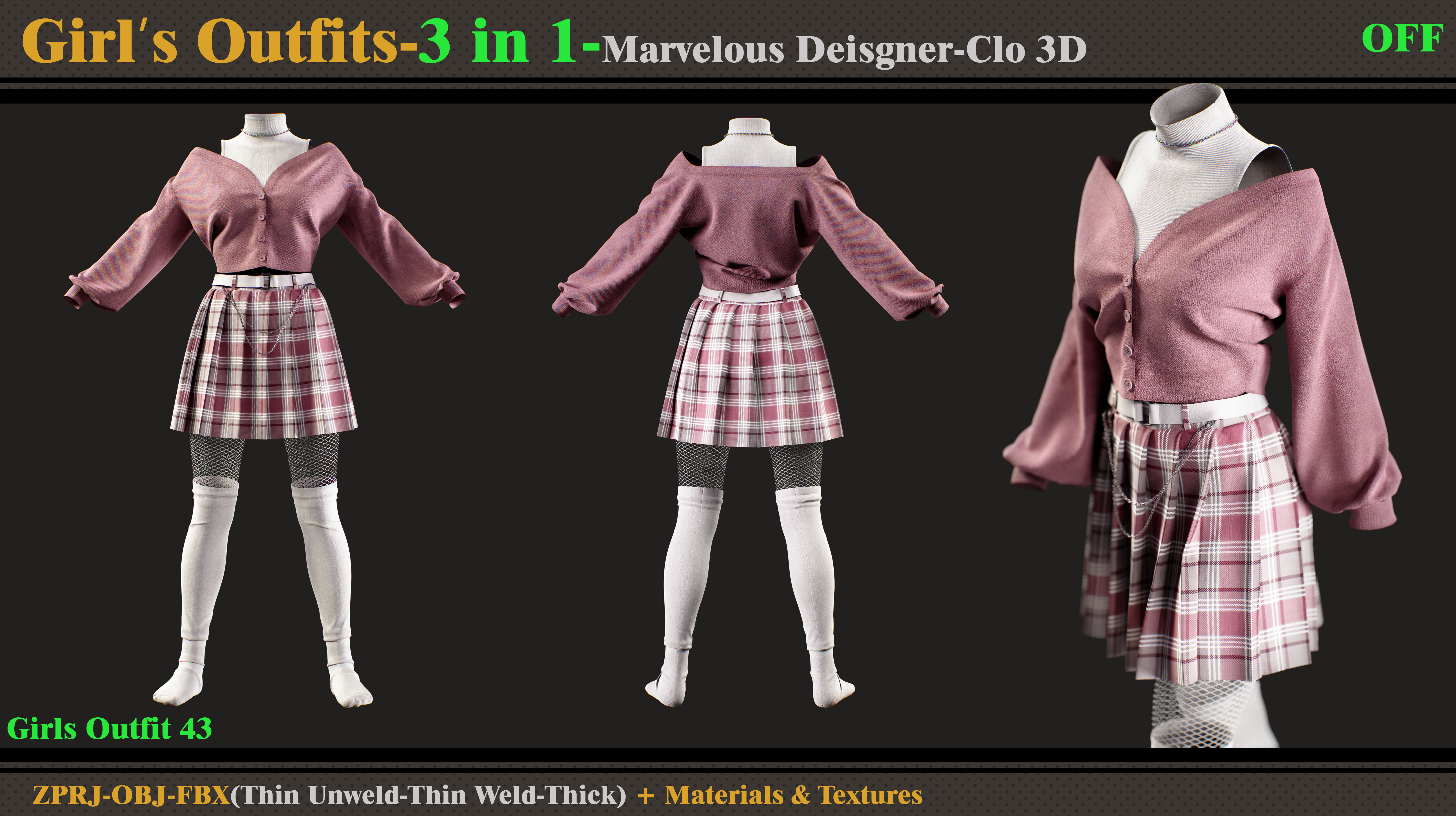 3 in 1 Girls Outfits- MD-Clo3d-OBJ-FBX-ZPRJ-Materials-Textures 3D model_1
