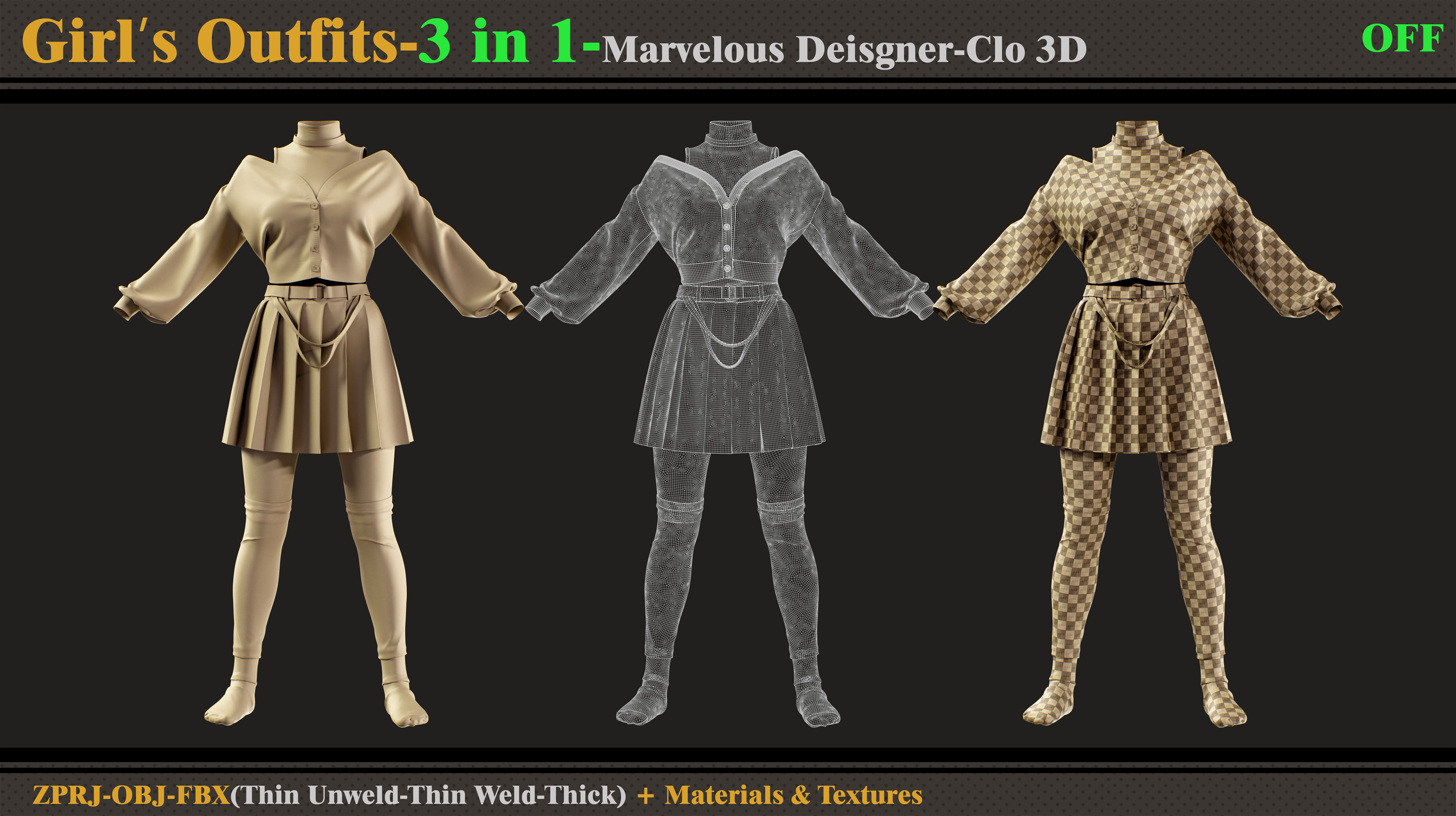 3 in 1 Girls Outfits- MD-Clo3d-OBJ-FBX-ZPRJ-Materials-Textures 3D model_4