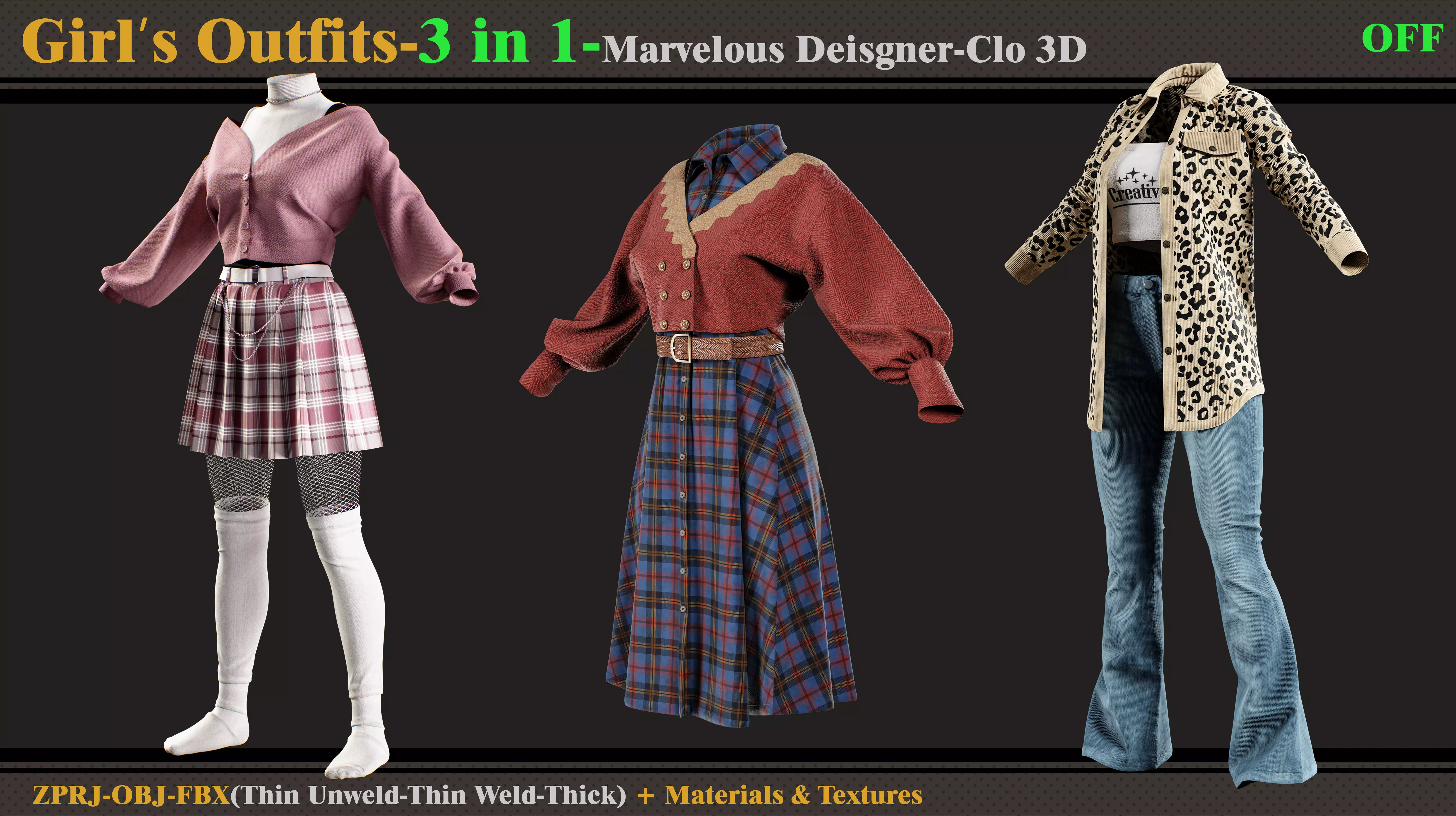 3 in 1 Girls Outfits- MD-Clo3d-OBJ-FBX-ZPRJ-Materials-Textures 3D model_0