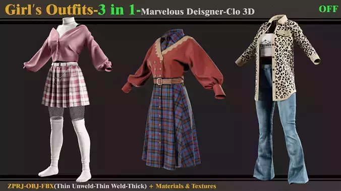 3 in 1 Girls Outfits- MD-Clo3d-OBJ-FBX-ZPRJ-Materials-Textures