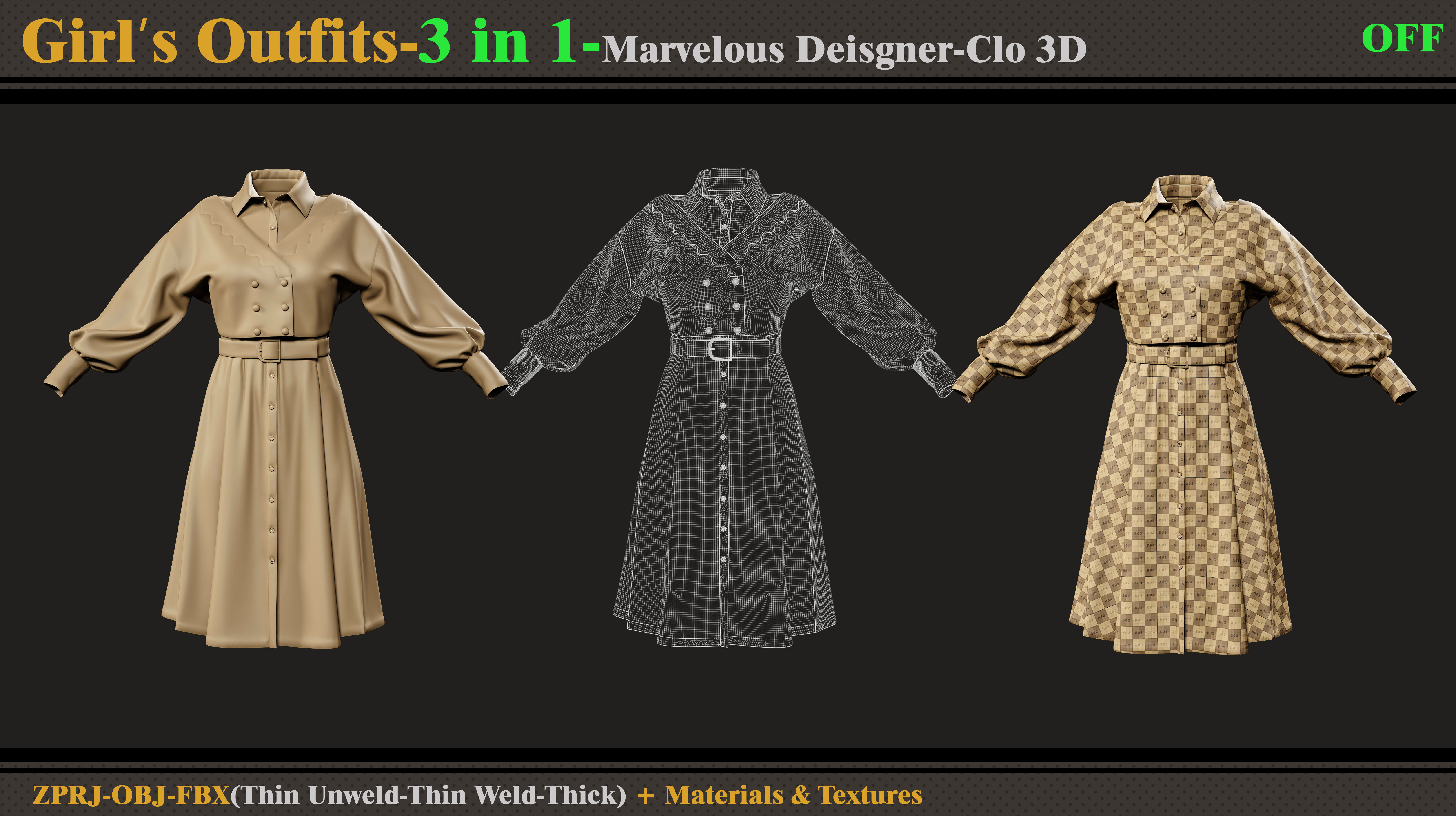 3 in 1 Girls Outfits- MD-Clo3d-OBJ-FBX-ZPRJ-Materials-Textures 3D model_5