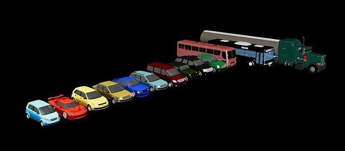 Car Pack Includes Bus and Truck  Game Ready Low-poly 3D model