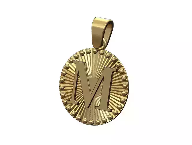 M letter initial faceted sunrays beaded coin pendant charm