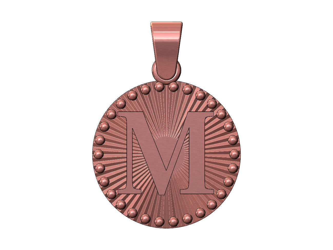M letter initial faceted sunrays beaded coin pendant charm 3D print model_11