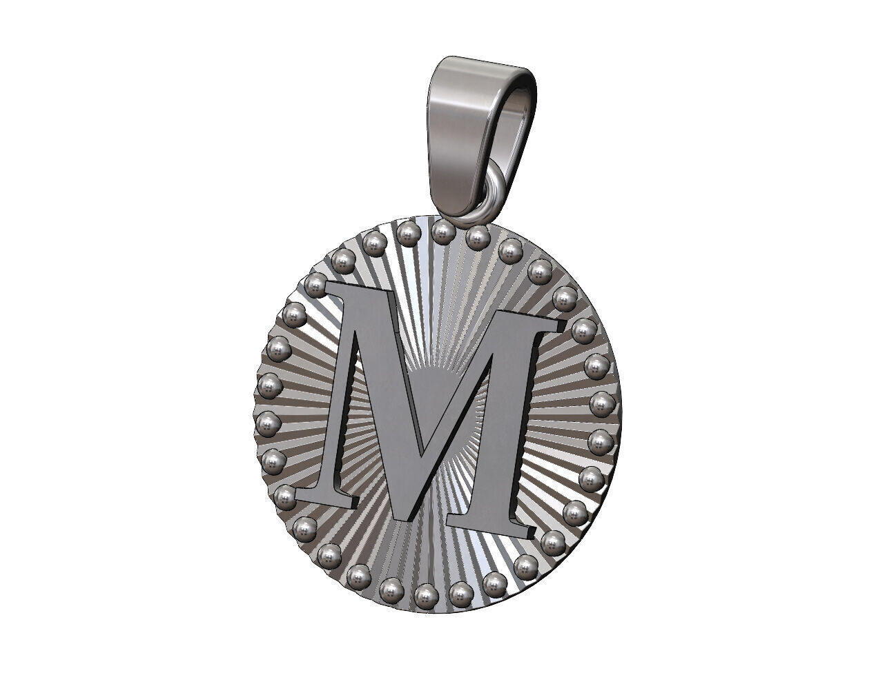 M letter initial faceted sunrays beaded coin pendant charm 3D print model_10