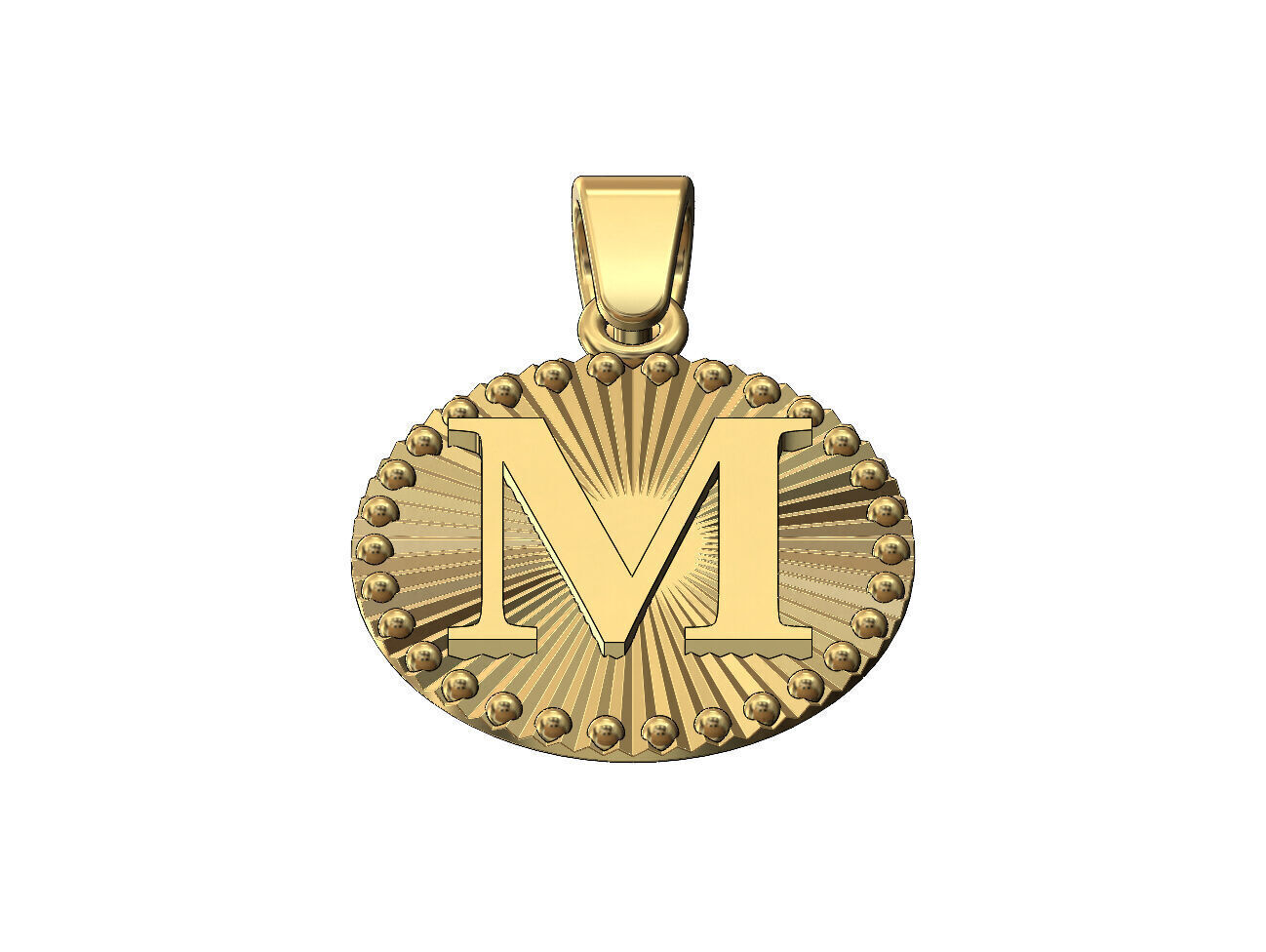 M letter initial faceted sunrays beaded coin pendant charm 3D print model_2