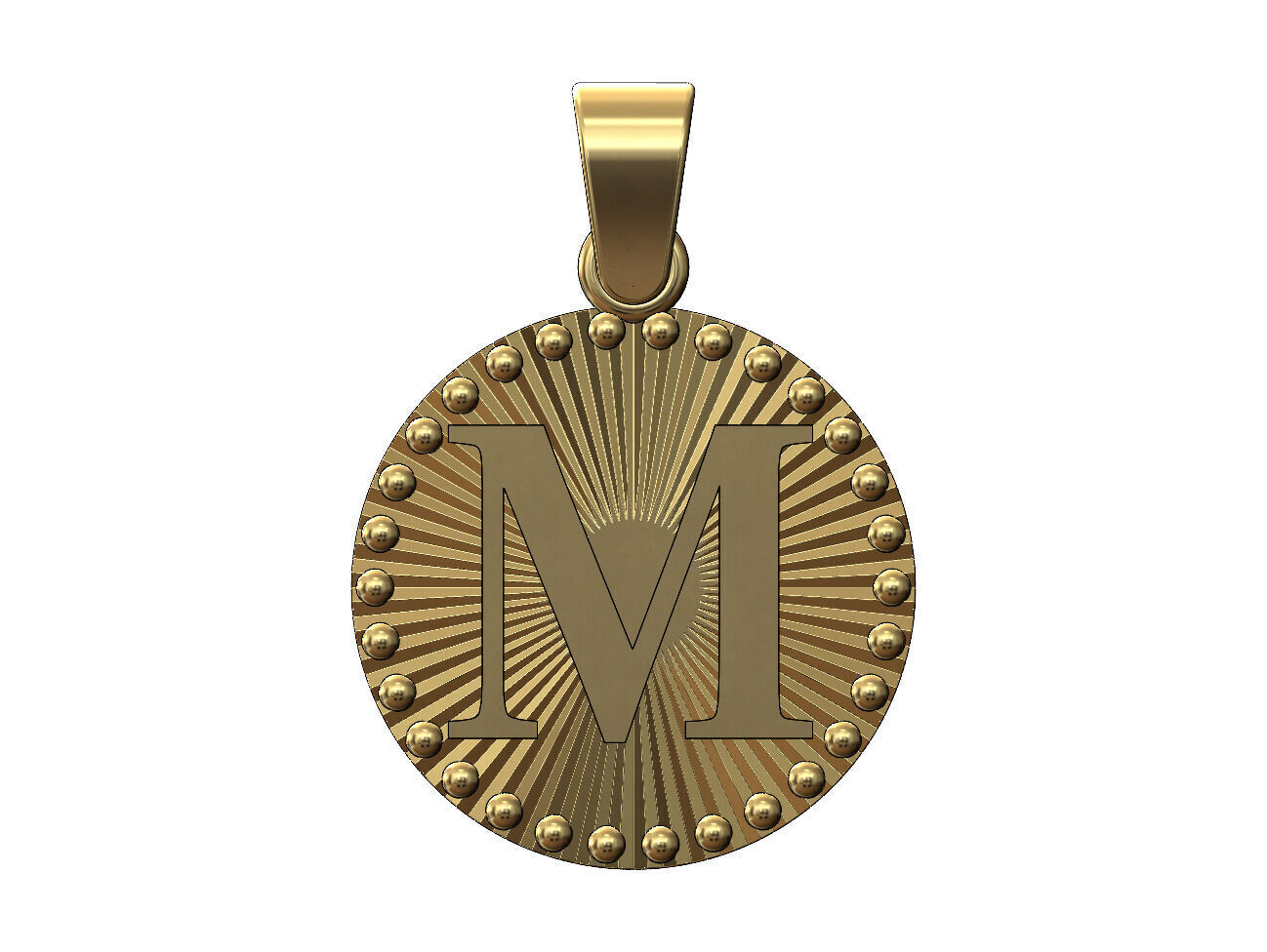 M letter initial faceted sunrays beaded coin pendant charm 3D print model_1