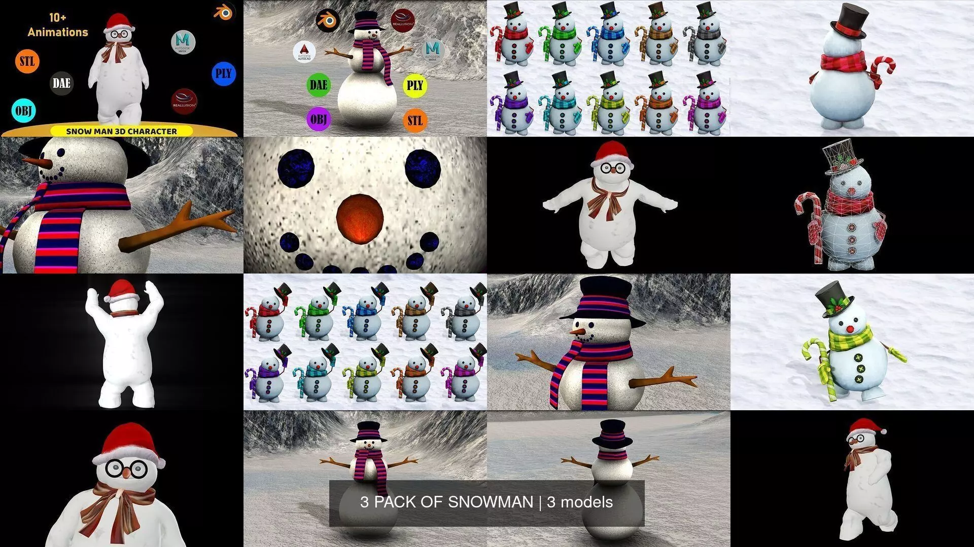 3 PACK OF SNOWMAN 3D Model Collection_0